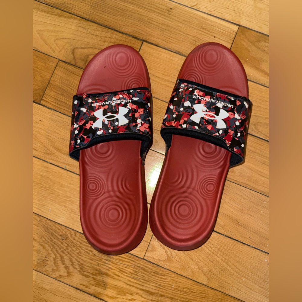 Under Armour Red and Black Patterned Slide Sandals